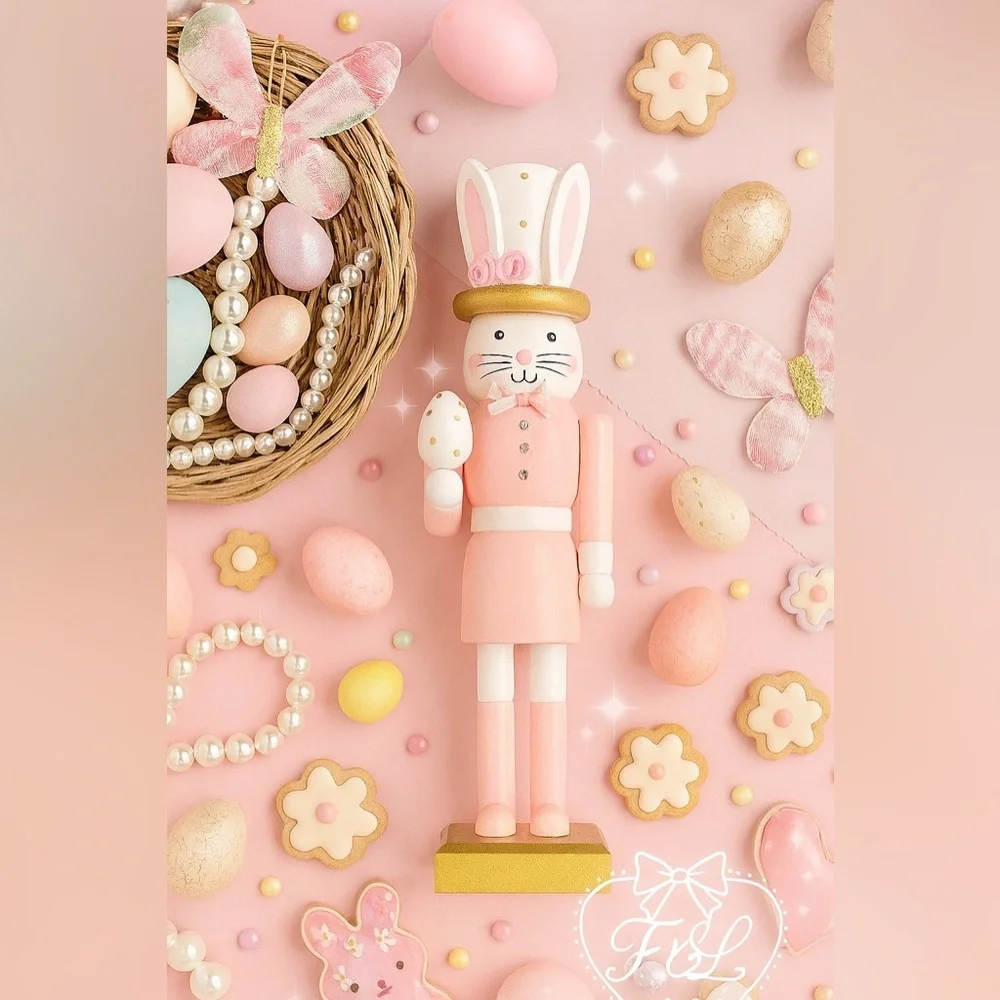 Wooden 13.5” Pink Easter Bunny Rabbit Nutcracker With Egg NWT